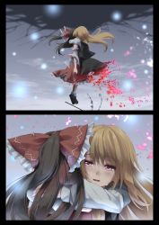 Rule 34 | 2girls, bare shoulders, black dress, blonde hair, bow, brown hair, crying, crying with eyes open, detached sleeves, disintegration, dress, floating, flying, frilled bow, frilled skirt, frills, hair bow, hakurei reimu, highres, hug, long hair, looking at another, mary janes, multiple girls, osana reimu, otomeza ryuseigun, pink eyes, ponytail, red bow, red skirt, rumia, sad smile, shirt, shoes, skirt, sky, sleeveless, smile, socks, tears, torn clothes, touhou, white shirt