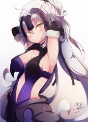 Rule 34 | 1girl, ahoge, armpits, arms up, bare shoulders, beni shake, black gloves, blush, breasts, brown background, cleavage, closed mouth, collarbone, commentary request, dress, elbow gloves, fate/grand order, fate (series), fur-trimmed gloves, fur trim, gloves, gradient background, grey background, grey hair, hair between eyes, headpiece, high ponytail, jeanne d&#039;arc (fate), jeanne d&#039;arc alter (avenger) (fate), jeanne d&#039;arc alter (avenger) (third ascension) (fate), jeanne d&#039;arc alter (fate), large breasts, long hair, orange eyes, ponytail, purple dress, signature, solo, very long hair, white background