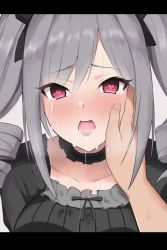 Rule 34 | 1girl, argule0901, blush, crying, crying with eyes open, drill hair, fellatio gesture, gothic lolita, grey hair, hair ribbon, hand on another&#039;s face, heart, heart-shaped pupils, highres, idolmaster, idolmaster cinderella girls, implied fellatio, kanzaki ranko, lolita fashion, long hair, looking at viewer, open mouth, pov, red eyes, ribbon, saliva, saliva trail, stained clothes, symbol-shaped pupils, tears, tongue, tongue out, twin drills, twintails, upper body