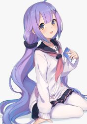 Rule 34 | 1girl, ahoge, alternate costume, anchor symbol, azur lane, breasts, cardigan, cellphone, collarbone, hair ornament, hairclip, highres, legs together, long hair, long sleeves, looking at viewer, miniskirt, neme1228, open mouth, pantyhose, phone, pleated skirt, purple hair, sailor collar, school uniform, scrunchie, serafuku, simple background, sitting, skirt, small breasts, smartphone, smile, solo, twintails, unicorn (azur lane), unicorn (long-awaited date) (azur lane), very long hair, white background, white pantyhose, yellow eyes
