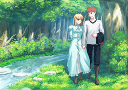 Rule 34 | 1boy, 1girl, :d, artoria pendragon (all), artoria pendragon (fate), blue dress, boots, brown eyes, brown footwear, commentary, day, dress, emiya shirou, fate/stay night, fate (series), fateline alpha, grass, green eyes, grin, hetero, holding hands, long sleeves, official alternate costume, open mouth, pants, saber (fate), shirt, smile, stream, tree