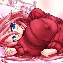 Rule 34 | 1girl, aty, bed, blue eyes, breasts, covered erect nipples, cropped, female focus, glasses, gradient background, huge breasts, jpeg artifacts, kobayashi tetsuya, long hair, looking at viewer, lying, pink hair, ribbed sweater, rimless eyewear, shadow, smile, solo, summon night, summon night 3, sweater, very long hair