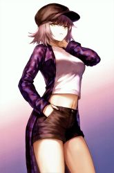 Rule 34 | 1girl, absurdres, black shorts, blouse, breasts, brown hat, casual, closed mouth, coat, cowboy shot, crop top, fate/grand order, fate (series), gradient background, hand in pocket, hand on own neck, hat, highres, jeanne d&#039;arc (fate), jeanne d&#039;arc alter (avenger) (fate), jeanne d&#039;arc alter (fate), looking at viewer, mashuu (neko no oyashiro), medium breasts, midriff, navel, open clothes, open coat, purple coat, scan, shirt, short hair, short shorts, shorts, sidelocks, signature, silver hair, simple background, solo, stomach, tsurime, twitter username, white shirt, yellow eyes