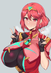Rule 34 | 1girl, absurdres, black gloves, blush, breasts, chest jewel, circlet, double w, earrings, fingerless gloves, gatyo 5, gloves, grey background, heart, highres, jewelry, large breasts, looking at viewer, medium hair, pyra (xenoblade), red eyes, red hair, short sleeves, simple background, smile, solo, sweat, swept bangs, upper body, w, xenoblade chronicles (series), xenoblade chronicles 2