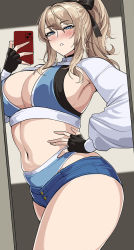 Rule 34 | 1girl, alternate costume, black gloves, blonde hair, blue eyes, blue shorts, blush, breasts, cellphone, commentary, english commentary, fingerless gloves, genshin impact, gloves, hair ornament, hella p, highres, holding, holding phone, jean (genshin impact), large breasts, long sleeves, looking at viewer, micro shorts, navel, parted lips, phone, ponytail, selfie, shorts, sideboob, sidelocks, smartphone, solo, thighs