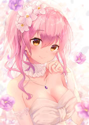 Rule 34 | 1girl, bare shoulders, blurry, blurry foreground, blush, breasts, bride, brown eyes, cleavage, closed mouth, collarbone, commentary request, depth of field, dress, flower, glint, gyozanuko, hair between eyes, hair flower, hair ornament, hand up, highres, jewelry, long hair, medium breasts, original, pendant, pink hair, purple flower, ring, see-through, smile, solo, strapless, strapless dress, upper body, veil, wedding band, wedding dress, white dress, white flower