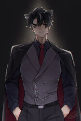 Rule 34 | 1boy, artist name, black background, black coat, black hair, black pants, black shirt, blue eyes, buttons, chizukeik, closed mouth, coat, coat on shoulders, collared shirt, commentary, double-breasted, ear piercing, earrings, english commentary, facial scar, genshin impact, grey hair, grey vest, hair between eyes, hands in pockets, highres, jewelry, lapels, long sleeves, looking at viewer, male focus, multicolored hair, necktie, pants, parted bangs, piercing, red necktie, scar, scar on cheek, scar on face, scar on neck, shirt, short hair, simple background, smile, smirk, solo, standing, streaked hair, stud earrings, two-sided coat, two-sided fabric, vest, wing collar, wriothesley (genshin impact)