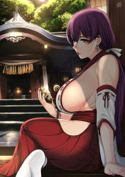 Rule 34 | 1girl, architecture, bad id, bad pixiv id, bare hips, bare shoulders, breasts, building, commentary, detached sleeves, earrings, east asian architecture, english commentary, from side, hakama, hakama skirt, highres, hip vent, huge breasts, japanese clothes, jewelry, lipstick, long hair, magatama, magatama earrings, makeup, miko, mole, mole on breast, nail polish, no bra, no panties, original, outdoors, purple hair, red hakama, red lips, red nails, ribbon-trimmed sleeves, ribbon trim, shrine, sideboob, sitting, skirt, solo, traditional media, wide sleeves, xter, yellow eyes