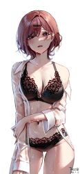 Rule 34 | 1girl, black bra, black panties, blush, bra, breasts, brown hair, cleavage, collared shirt, dripping, highres, higuchi madoka, idolmaster, idolmaster shiny colors, large breasts, lingerie, long sleeves, mole, mole under eye, navel, open clothes, open mouth, open shirt, panties, partially undressed, purple eyes, shirt, solo, tacco (tikeworld), thick thighs, thigh gap, thighs, unbuttoned, underwear, wet, wet clothes