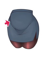 Rule 34 | arrow (symbol), blue skirt, commentary, disembodied torso, dwps, english commentary, highres, miniskirt, original, pantyhose, plump, shiny clothes, shiny legwear, side slit, skirt, stomach, stomach bulge, taut clothes, taut skirt, white background