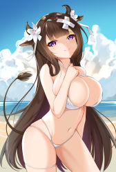 Rule 34 | 1girl, absurdres, animal ears, azur lane, bad id, bad pixiv id, bare arms, bare shoulders, beach, bikini, blue sky, blunt bangs, blush, breasts, brown hair, catnnn, cleavage, closed mouth, cloud, collarbone, commentary request, contrapposto, cow, cow ears, cow horns, cowboy shot, criss-cross halter, day, flower, hair flower, hair ornament, hair ribbon, halterneck, hand on own chest, hand up, highres, horizon, horns, huge breasts, kashino (azur lane), kashino (hot springs relaxation) (azur lane), large breasts, long hair, looking at viewer, multi-strapped bikini bottom, navel, ocean, outdoors, purple eyes, ribbon, skindentation, sky, smile, solo, standing, stomach, swimsuit, tail, thigh strap, very long hair, water, white bikini, white flower, white ribbon