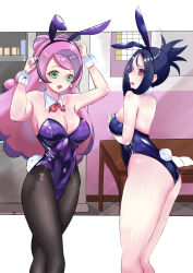 Rule 34 | 2girls, absurdres, alternate costume, animal ears, ass, bare legs, bare shoulders, black hair, black leotard, breasts, cleavage, collarbone, creatures (company), cross scar, dendra (pokemon), detached collar, earrings, fake animal ears, fake tail, flower earrings, game freak, green eyes, high ponytail, highres, jewelry, large breasts, leotard, light purple hair, long hair, miriam (pokemon), multicolored hair, multiple girls, nintendo, pantyhose, playboy bunny, pokemon, pokemon sv, purple leotard, rabbit ears, rabbit tail, red eyes, scar, scar on face, scar on forehead, short hair, strapless, strapless leotard, streaked hair, swept bangs, tail, thick thighs, thighs, wasa5747, yellow nails