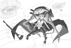Rule 34 | 10s, 1girl, abyssal ship, ammonite, bodysuit, breasts, cape, gloves, greyscale, highres, kantai collection, large breasts, lineart, long hair, monochrome, personification, sakuya tsuitachi, solo, wo-class aircraft carrier