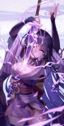 Rule 34 | 1girl, absurdres, armor, arms up, breasts, bridal gauntlets, cleavage, commentary request, covered mouth, electricity, energy sword, floral print, genshin impact, highres, holding, holding sword, holding weapon, human scabbard, japanese clothes, kimono, large breasts, long hair, long sleeves, looking at viewer, mitsudomoe (shape), nail polish, obi, obiage, obijime, purple eyes, purple hair, purple nails, purple thighhighs, raiden shogun, ribbon, sash, shoulder armor, simple background, solo, sword, tassel, thighhighs, tomoe (symbol), weapon, white background, wide sleeves, yelan xing xuan