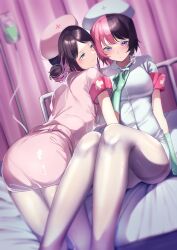 Rule 34 | 2girls, absurdres, ass, bed, belt, bent over, black hair, blue eyes, blush, breasts, brown hair, colored inner hair, cross, curtains, double bun, dress, gloves, green eyes, green gloves, hair bun, half-closed eyes, hat, highres, holding, holding syringe, hospital, hospital bed, intravenous drip, kaga nazuna, kairi (miry666), latex, latex gloves, legs, looking at another, looking at viewer, medium breasts, multicolored hair, multiple girls, nurse, nurse cap, pantyhose, pink belt, pink dress, pink hair, red cross, short dress, short hair, short sleeves, sitting, smirk, split-color hair, syringe, tachibana hinano (vtuber), taut clothes, taut dress, thighband pantyhose, virtual youtuber, vspo!, white dress, white pantyhose