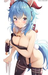 Rule 34 | 1girl, ahoge, animal ears, arm under breasts, artist name, bare shoulders, black hairband, black pantyhose, blue hair, blush, bodystocking, breasts, chintora0201, cleavage, closed mouth, collar, unworn collar, cowboy shot, detached collar, fake animal ears, ganyu (genshin impact), genshin impact, groin, hairband, highres, holding, holding collar, leaning forward, long hair, looking at viewer, low ponytail, medium breasts, mole, mole on breast, navel, pantyhose, purple eyes, rabbit ears, rabbit tail, revision, simple background, smile, solo, tail, very long hair, white background