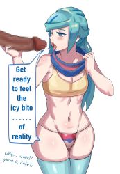 Rule 34 | 2boys, androgynous, blue eyes, blue hair, blue thighhighs, blush, censored, creatures (company), dark-skinned male, dark skin, english text, game freak, grusha (pokemon), highres, imminent fellatio, long hair, male focus, mosaic censoring, multiple boys, nintendo, one eye closed, open mouth, penis, pokemon, pokemon sv, saliva, scarf, solo focus, speech bubble, thighhighs, thong, tongue, tongue out, trap, wide hips, yaoi, ytrall