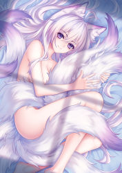 Rule 34 | 1girl, absurdres, animal ear fluff, animal ears, antenna hair, bad id, bad pixiv id, barefoot, bed sheet, breasts, cleavage, closed mouth, fox ears, fox tail, from above, hair between eyes, highres, hugging own tail, hugging tail, kirby d a, long hair, looking at viewer, lying, medium breasts, multiple tails, nude, on side, original, purple eyes, silver hair, smile, solo, tail, very long hair