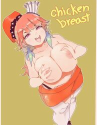 Rule 34 | 1girl, border, breasts, breasts squeezed together, chef hat, collarbone, corrupted twitter file, earrings, feather earrings, feathers, from above, groin, half-closed eyes, hat, highres, hololive, hololive english, jewelry, large breasts, long hair, multiple hats, nipples, open mouth, orange hair, orange hat, orange shorts, pillarboxed, purple eyes, shorts, smile, solo, takanashi kiara, thighhighs, topless, virtual youtuber, weeze, white border, white thighhighs, yellow background
