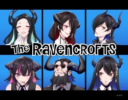 Rule 34 | 2boys, 4girls, aradia ravencroft, asymmetrical horns, black hair, black suit, blue hair, brother and sister, closed eyes, colored inner hair, demon horns, family, father and daughter, father and son, formal, hair over one eye, highres, hololive, hololive english, horns, husband and wife, kivo, long hair, looking at viewer, malpha ravencroft, malphis ii ravencroft, mamarissa ravencroft, mole, mole under each eye, mole under eye, mother and daughter, mother and son, multicolored hair, multiple boys, multiple girls, multiple moles, nerissa ravencroft, nerissa ravencroft (1st costume), one eye closed, paparissa ravencroft, pink eyes, pink hair, red eyes, red hair, shirt, short hair, siblings, sisters, smile, suit, the brady bunch, tongue, tongue out, very long hair, virtual youtuber, white shirt