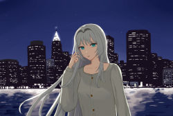 Rule 34 | 1girl, an-94 (girls&#039; frontline), aqua eyes, city lights, closed mouth, girls&#039; frontline, grey shirt, hairband, hand in own hair, hanser, highres, long hair, looking at viewer, platinum blonde hair, shirt, silver hair, simple background, solo