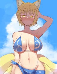 Rule 34 | 1girl, alternate costume, animal ears, bikini, blonde hair, breasts, collarbone, fox ears, fox tail, highres, keta (psychetangle), large breasts, looking down, multiple tails, navel, sarong, short hair, solo, sweat, swimsuit, tail, touhou, triangle mouth, wide hips, yakumo ran, yellow eyes