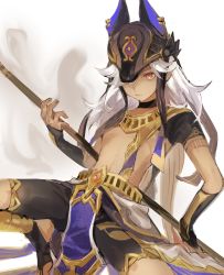 Rule 34 | 1boy, animal ears, black choker, black headwear, choker, cyno (genshin impact), egyptian clothes, foot out of frame, genshin impact, gold necklace, hair between eyes, highres, holding, holding polearm, holding weapon, jackal ears, jewelry, long hair, male focus, midriff, necklace, orange eyes, polearm, solo, spread legs, squatting, talesofmea, tan, triangular headpiece, weapon, white hair