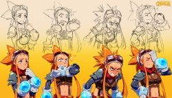 Rule 34 | 1girl, ^^^, angry, armor, bandana, blush, breasts, concept art, crop top, cryamore, cryamore condenser, detached sleeves, esmyrelda maximus, expressions, facepalm, freckles, gloves, goggles, goggles on head, highres, long hair, matching hair/eyes, md5 mismatch, medium breasts, midriff, multiple views, navel, official art, orange eyes, orange hair, pauldrons, resized, resolution mismatch, robaato, shoulder armor, sidelocks, source smaller, spiked hair, suspenders, sweatdrop, upscaled, white gloves