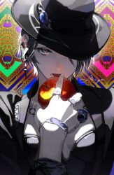 Rule 34 | 1girl, abstract background, alternate costume, androgynous, apple, artist name, black hair, black hat, black jacket, bracelet, commentary, ear piercing, earrings, eating, expressionless, final fantasy, final fantasy xiv, food, fruit, grey eyes, hand up, hat, hat ornament, hat over one eye, highres, holding, holding food, holding fruit, jacket, jewelry, looking at viewer, migo45, necklace, one eye covered, open clothes, open jacket, open mouth, pale skin, piercing, portrait, ring, short hair, signature, solo, straight-on, zero (ff14)