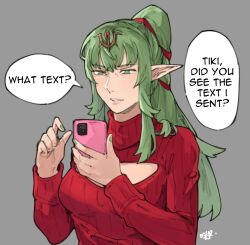 Rule 34 | 1girl, alternate costume, casual, cellphone, clothing cutout, commentary, contemporary, english commentary, english text, fingernails, fire emblem, fire emblem awakening, green eyes, green hair, green nails, grey background, hair ornament, half-closed eyes, highres, holding, holding phone, long hair, long sleeves, nintendo, phone, pointy ears, ponytail, red sweater, ribbed sweater, sakuremi, sidelocks, signature, simple background, solo, speech bubble, sweater, tiki (adult) (fire emblem), tiki (fire emblem), turtleneck, turtleneck sweater