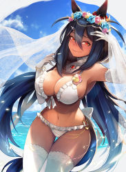 Rule 34 | 1girl, adjusting hair, animal ears, beach, bikini, black hair, breasts, bridal veil, brooch, chain, cleavage, closed mouth, commission, cowboy shot, dark-skinned female, dark skin, detached collar, elbow gloves, fang, frilled bikini, frills, front-tie bikini top, front-tie top, gloves, hachirou (crazy318), hair between eyes, head wreath, highres, hishi amazon (umamusume), horse ears, horse girl, horse tail, horseshoe, jewelry, large breasts, long hair, looking at viewer, orange eyes, pixiv commission, skin fang, smile, solo, swimsuit, tail, thigh gap, thighhighs, tracen swimsuit, umamusume, veil, very long hair, white bikini, white gloves, white thighhighs