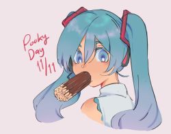 Rule 34 | 1girl, aqua eyes, aqua hair, commentary, dated, english text, food, gentlemen (meme), goldfishu, hair ornament, hatsune miku, highres, long hair, looking at viewer, looking back, meme, microphone, pocky, pocky day, shirt, simple background, sleeveless, sleeveless shirt, solo, tan background, twintails, upper body, vocaloid