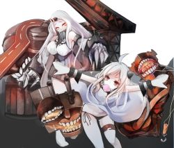 Rule 34 | 10s, 2girls, abyssal ship, ahoge, armor, black panties, breasts, covered mouth, highres, horns, kamui0226, kantai collection, large breasts, long hair, looking at viewer, mittens, mouth hold, multiple girls, northern ocean princess, oni horns, pale skin, panties, personification, red eyes, seaport princess, side-tie panties, string panties, thigh strap, underwear, white hair