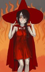 Rule 34 | 1girl, black hair, braid, cape, chainsaw man, dress, fiery background, fire, grin, hair over shoulder, hat, highres, long hair, looking at viewer, mossacannibalis, nayuta (chainsaw man), orange eyes, red cape, red dress, red hat, ringed eyes, single braid, smile, solo, teeth, witch hat
