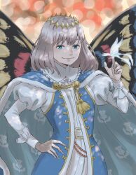 Rule 34 | 1boy, belt buckle, blue cape, blue eyes, buckle, bug, butterfly, butterfly on hand, butterfly wings, cape, closed mouth, collar, cowboy shot, diamond hairband, fate/grand order, fate (series), fingernails, frilled shirt collar, frills, fur-trimmed cape, fur trim, grey hair, hand on own hip, highres, insect, insect wings, juliet sleeves, kamomasaki, long sleeves, looking at viewer, male focus, oberon (fate), puffy sleeves, short hair, smile, solo, tassel, white butterfly, wings