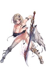 Rule 34 | 1girl, ahoge, armor, bandage over one eye, blonde hair, blue eyes, breasts, covering privates, covering breasts, cum, cumdrip, feathered wings, greaves, hair ornament, highres, holding, holding sword, holding weapon, large breasts, low wings, original, padoruu, single thighhigh, solo, sword, thighhighs, weapon, wings, x hair ornament