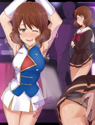 Rule 34 | 1boy, 1girl, armpits, arms up, ass grab, black panties, blank eyes, blush, brown hair, buttons, faceless, faceless male, fingering, gloves, hand on another&#039;s thigh, hand on another&#039;s waist, hetero, hibike! euphonium, highres, licking, licking armpit, nose blush, open mouth, oumae kumiko, panties, pussy juice, sailor, saliva, school uniform, serafuku, skirt, sleeveless, smile, sweat, translation request, twogie, underwear, white gloves, white skirt, yellow eyes