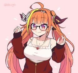 Rule 34 | 1girl, ahoge, artist name, bare shoulders, bespectacled, black-framed eyewear, black hairband, black ribbon, blonde hair, blush stickers, bow, breasts, bright pupils, camisole, cleavage, closed mouth, collarbone, commentary, commentary request, diagonal-striped bow, dragon girl, dragon horns, fang, frilled camisole, frills, glasses, hair intakes, hair ribbon, hairband, hands up, hololive, horn bow, horn ornament, horns, jacket, kiryu coco, kiryu coco (loungewear), kukie-nyan, large breasts, long hair, long sleeves, looking to the side, multicolored eyes, multicolored hair, off shoulder, official alternate costume, open clothes, open jacket, orange hair, partially unzipped, pink background, pointy ears, purple eyes, red eyes, red jacket, ribbon, see-through, semi-rimless eyewear, shirt, skin fang, sleeveless, sleeveless shirt, smile, solo, spaghetti strap, streaked hair, striped, striped bow, symbol-only commentary, track jacket, twintails, twitter username, under-rim eyewear, upper body, virtual youtuber, white camisole, white pupils, zipper pull tab