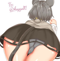 Rule 34 | 1girl, animal ears, ass, ass focus, capelet, dated, dress, from behind, grey hair, grey panties, huge ass, kuzya, leaning, leaning forward, mouse ears, mouse tail, nazrin, panties, pantyshot, shiny skin, short hair, simple background, skirt, solo, tail, touhou, underwear, white background