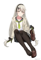 Rule 34 | 1girl, blush, feet, girls&#039; frontline, hair ornament, hairclip, highres, holding, holding shoes, loafers, long hair, looking at viewer, mg4 (girls&#039; frontline), panties, pantyhose, pantyshot, shoes, unworn shoes, silver hair, single shoe, smile, toes, underwear, yellow eyes