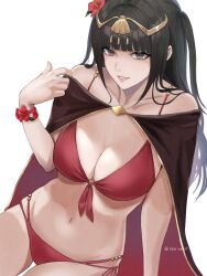Rule 34 | 1girl, alternate costume, bikini, black cape, black eyes, black hair, breasts, cape, cleavage, female focus, fire emblem, fire emblem awakening, fire emblem heroes, flower, hair ornament, hibiscus, highres, large breasts, long hair, looking at viewer, matching hair/eyes, medium breasts, multi-strapped bikini, navel, nintendo, o-ring, o-ring bikini, o-ring top, official alternate costume, parted lips, red bikini, smile, solo, swimsuit, tharja (fire emblem), tharja (summer) (fire emblem), tiara, tori art07, twitter username, two-tone cape, white background