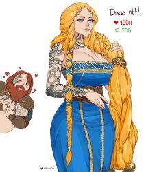 Rule 34 | 1boy, 1girl, = =, absurdres, allen skies, arm tattoo, asymmetrical hair, beard, blonde hair, blue dress, blue eyes, blush, braid, breasts, cleavage, closed eyes, dress, english text, facial hair, facial tattoo, fat, fat man, god of war, god of war ragnarok, hand in own hair, heart, highres, huge breasts, husband and wife, jewelry, like and retweet, lips, long hair, mature female, mature male, meme, ring, sif (god of war), simple background, tattoo, thor (god of war), twitter strip game (meme), twitter username, very long hair, white background, wide hips