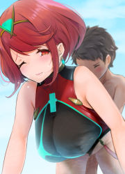 Rule 34 | 1boy, 1girl, amekosame, breasts, brown hair, competition swimsuit, hetero, nintendo, nipples, one-piece swimsuit, pussy, pyra (xenoblade), red hair, rex (xenoblade), sex, short hair, swimsuit, xenoblade chronicles (series), xenoblade chronicles 2, xenoblade chronicles (series), xenoblade chronicles 2