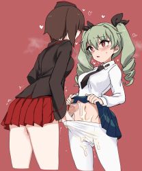 Rule 34 | 1futa, 1girl, absurdres, anchovy (girls und panzer), anzio school uniform, aomushi (mushamusha), black jacket, blush, breath, brown hair, clothes lift, clothes pull, collared shirt, cum, cum in clothes, cum on body, cum on clothes, dress shirt, drill hair, ejaculation, emblem, eye contact, futa with female, futanari, garrison cap, girls und panzer, green hair, hair between eyes, hat, heart, heart-shaped pupils, highres, jacket, kuromorimine military uniform, lifted by self, long hair, long sleeves, looking at another, military hat, miniskirt, navel, nishizumi maho, pantyhose, pantyhose pull, penis, pink background, pleated skirt, red eyes, red skirt, school uniform, shirt, short hair, simple background, skirt, skirt lift, sweat, symbol-shaped pupils, trembling, twin drills, twintails, white legwear, white shirt