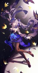 Rule 34 | 1girl, absurdres, arm up, bare shoulders, black dress, black footwear, black pantyhose, blue dress, breasts, cleavage, closed eyes, commentary request, dress, floating hair, full body, genshin impact, high heels, highres, keqing (genshin impact), keqing (opulent splendor) (genshin impact), long hair, medium breasts, official alternate costume, pantyhose, parted lips, purple hair, purple shawl, qianqianjie, shawl, solo, strapless, strapless dress, twintails, two-tone dress, very long hair