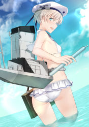 Rule 34 | 1girl, ass, bad id, bad pixiv id, bag, bikini, blue eyes, blue sky, breasts, clothes writing, day, from behind, hat, highres, kantai collection, looking at viewer, machinery, pallad, partially submerged, pleated skirt, sailor bikini, sailor collar, sailor hat, short hair, side-tie bikini bottom, silver hair, skirt, sky, small breasts, smokestack, solo, swimsuit, wading, white bikini, z1 leberecht maass (kancolle)