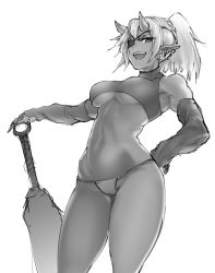 Rule 34 | 1girl, :d, armpits, bad id, bad tumblr id, bare shoulders, breasts, cowboy shot, crop top, dark-skinned female, dark skin, detached sleeves, earrings, eyepatch, greyscale, hand on hilt, hand on own hip, highres, holding, holding weapon, hometa, hoop earrings, horns, jewelry, large breasts, mace, monochrome, navel, one eye covered, oni, oni horns, open mouth, original, panties, pointy ears, ponytail, simple background, sketch, smile, solo, standing, underboob, underwear, weapon, white background