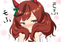 Rule 34 | :&lt;, animal ears, blush, bow, brown eyes, brown hair, closed mouth, commentary request, engiyoshi, green bow, hair bow, hands up, horse ears, multicolored hair, nice nature (umamusume), nose blush, shirt, solo, streaked hair, translation request, twintails, umamusume, upper body, white shirt