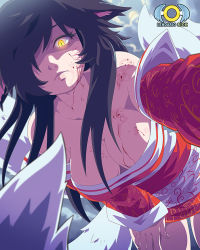 Rule 34 | 1girl, ahri (league of legends), animal ears, blood, blood on clothes, blood on face, blood splatter, breasts, detached sleeves, facial mark, fox ears, fox tail, glowing, glowing eye, korean clothes, large breasts, league of legends, leaning forward, lendario rick, long hair, looking at viewer, multiple tails, off shoulder, serious, slit pupils, solo, tail, whisker markings, yellow eyes