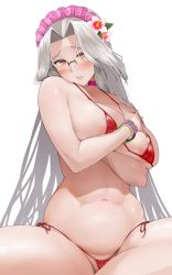 Rule 34 | 1girl, areola slip, arm under breasts, bad id, bad pixiv id, belly, bikini, blush, bracelet, breasts, choker, commentary, covering breasts, covering privates, crossed arms, embarrassed, flower, furrowed brow, glasses, groin, hair flower, hair ornament, heart, heart-shaped pupils, heart o-ring, highres, jewelry, labiata (last origin), large breasts, last origin, lips, long hair, looking at viewer, maid headdress, micro bikini, navel, orange eyes, paid reward available, parted bangs, parted lips, pink choker, prototype labiata, red bikini, rinrin (user tvcf4347), semi-rimless eyewear, side-tie bikini bottom, silver hair, simple background, sitting, solo, spread legs, stomach, string bikini, swimsuit, symbol-shaped pupils, white background